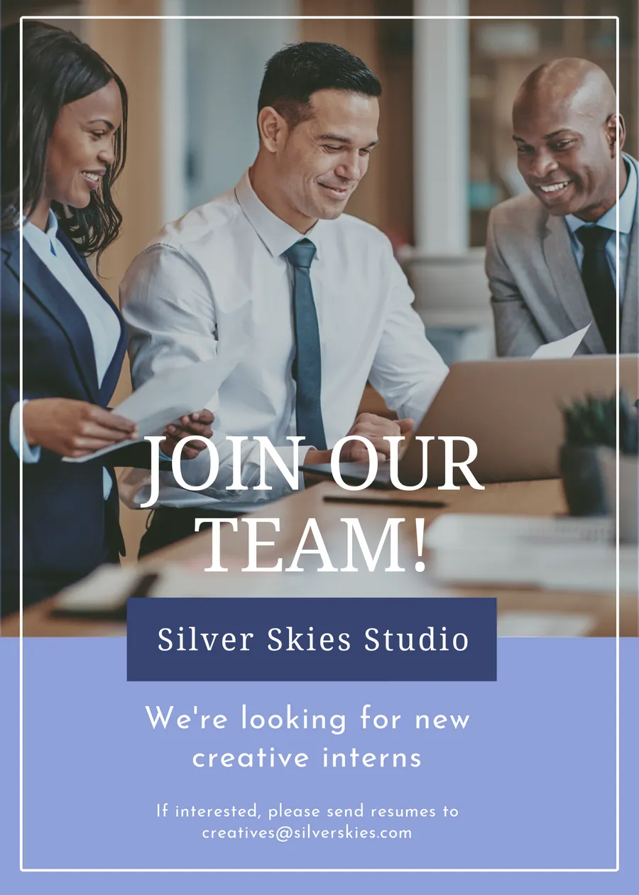 Join our team - Silver skies Studio - We are looking for new creative interns announcements template