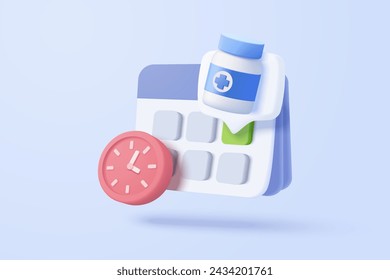Стоковое векторное изображение: 3d calendar marked date and time for reminder with pharmacy drug icon. Vaccination medical equipment, healthcare medicine. medical pharmacy medicament. 3d alarm clock icon vector render illustration