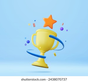 3d Champion trophy, gold cup with stars with objects floating around icon. Winner prize, sport award, success concept. 3d rendering. Vector illustration Stockvektor