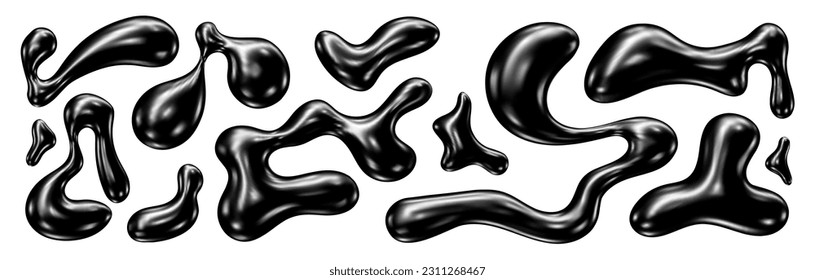 3D Chrome abstract liquid shapes. Inflated metal objects. Realistic render vector elements set Imagem Vetorial Stock