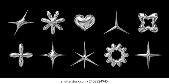 3d chrome glossy shapes set in y2k retro futuristic style. Liquid metallic star, heart, flower, and sparkle forms as isolated vector design elements for a 2000s aesthetic Imagem Vetorial Stock