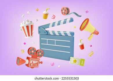 3d Cinema Movie Concept Video Shooting Clapboard and Camera with Elements Around Plasticine Cartoon Style. Vector illustration Stock Vector