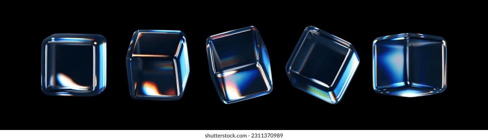 3d crystal glass cubes with refraction and holographic effect isolated on black background. Render transparent glass rotate box with overlay dispersion light, rainbow gradient. 3d vector illustration, vector de stoc