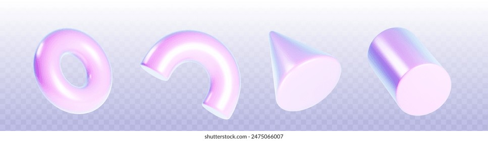 3d abstract shape render. Holographic figure art. Isometric gradient geometric block isolated. Futuristic hologram ring, cone and cylinder geometry set. Minimal purple chrome creative solid model, vector de stoc