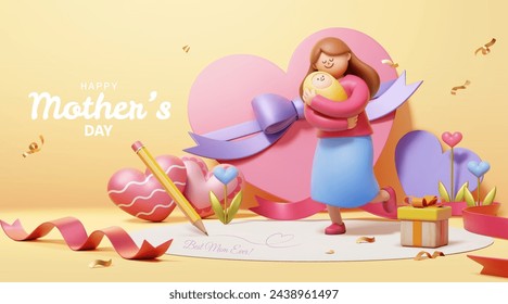 3D Adorable Mothers Day card. Mother holding baby with heart shape decors on beige background. Stock Vector