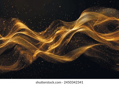 3d Gold wavy flowing lines and golden glitter on black background. Luxury golden flow wave lines glowing pattern with gold spray, sparckles. Shiny glittery ornate modern design. Liquid ornaments. Arkistovektorikuva