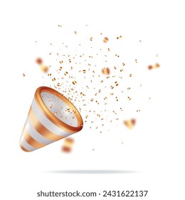 3D Gold Party Popper with Confetti Isolated on White. Render Golden Confetti Collection. Striped Firecracker Elements in Various Shapes. Party, Holyday Surprise or Birthday Events. Vector Illustration Immagine vettoriale stock