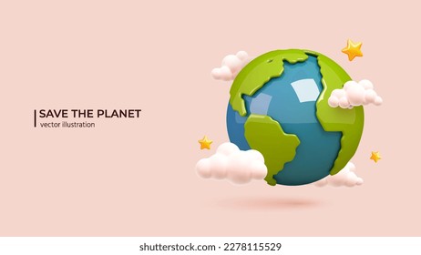 3D Global Warming and Climate Change Concept. Realistic 3d design of Planet Earth with Clouds and Stars around in cartoon minimal style. Vector illustration Stock Vector