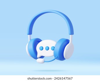 3D headphones with microphone and speech bubble. Hotline support service with headphones. Call center concept. Online user consultation. 3d rendering. Vector illustration Stock vektor