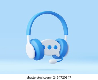 3D headphones with microphone and speech bubble. Hotline support service with headphones. Call center concept. Online user consultation. 3d rendering. Vector illustration Stock vektor