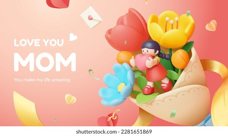 3D illustrated cute miniature girl holding heart standing on flower bouquet with confetti and paper heart in the back. Suitable for Mother's Day. Stock Vector