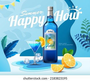 3d illustration of summer cocktail ad. Blue liquor bottle with cocktail glass, orange pieces, ice cubes on blue paper cut background. Stockvektor