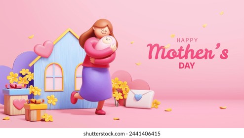 3D素敵な母の日のポスター。ピンクの背景に花とお祝いの装飾で赤ちゃんを持つ母親。のベクター画像素材