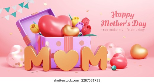 3D Mother's day poster. Purple gift box filled with tulips and heart balloons behind golden mom text on pink background. Stock Vector