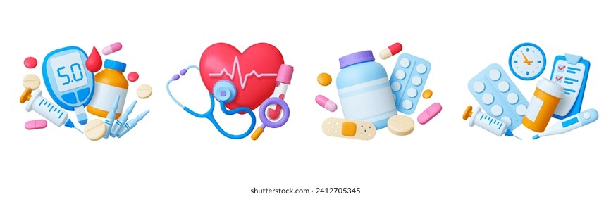 3d medicine concept. Medical and pharmacy plasticine elements. Pills and drugs, heart with pulse line, blood test tube. Isolated pithy hospital set Stockvektor