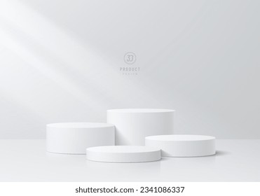 3D podium background. Realistic level white cylinder pedestal set with light and shadow wall scene. Abstract composition in minimal design. Platforms for product display presentation. Stage showcase. Immagine vettoriale stock