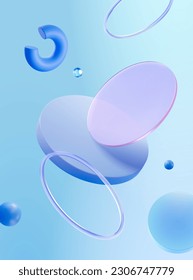3D round disc and geometric shape objects floating on light blue background. Imagem Vetorial Stock