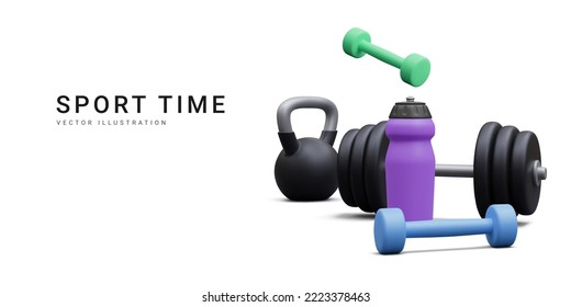 Стоковое векторное изображение: 3d realistic banner with kettlebell, dumbbells and bottle isolated on white background. Vector illustration