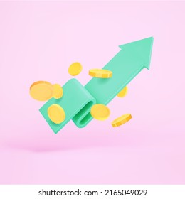 3d render chart arrow and flying coins. Green flexible stock arrow up growth icon. Investment and financial growth concept. 3d render vector illustration Immagine vettoriale stock