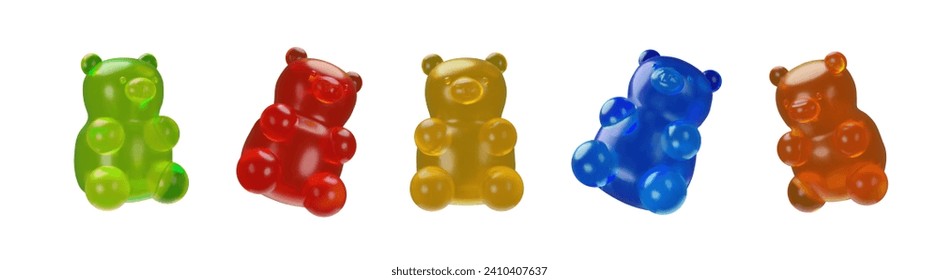 3D render collection of chewy gummy bear. Sweet colorful dessert vector illustration. Gelatin form factor vitamins, chewable supplements, edible health candy. Fruit flavors set of delicious snacks स्टॉक वेक्टर