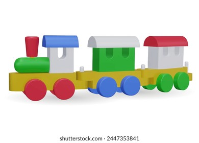 3d toy train. Vector illustration. Kids toys train, locomotive on rails. Most classic toys in the past. Stock Vector