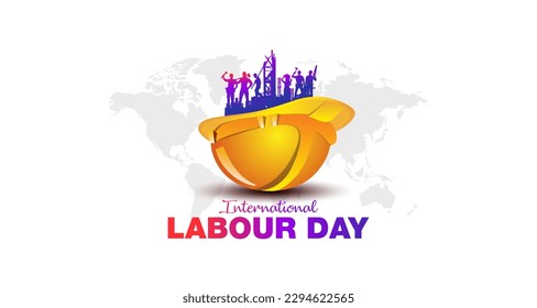 3D vector illustration of International Labor Day Concept. Happy Labour Day Typography with a group of workers and Safety Helmet. Poster banner template design. Stock Vector