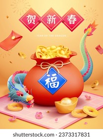 3D Year of the Dragon CNY poster. Dragon wrapping around a fortune bag full of gold on pink mat. Text: Happy new year. Fortune.: wektor stockowy