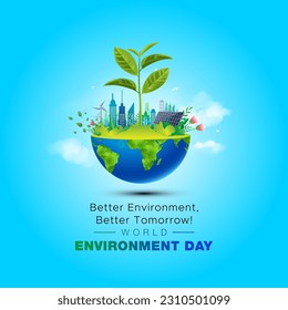 05 June, World Environment day concept 3d design. 3d World map with Environment day text and background illustration.: stockvector