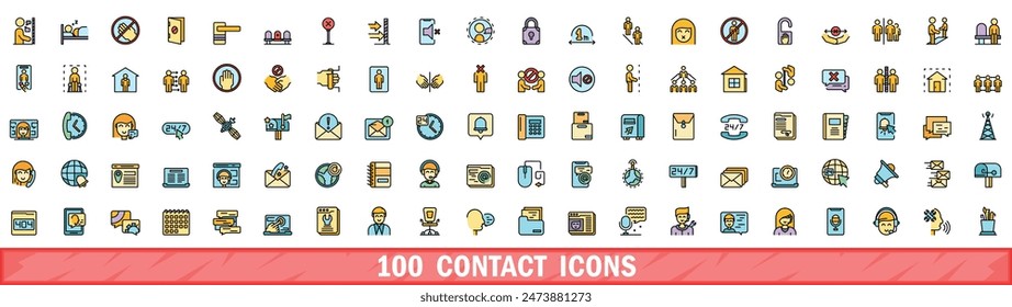 100 contact icons set. Color line set of contact vector icons thin line color flat on white Stock-vektor