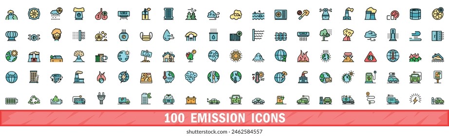 100 emission icons set. Color line set of emission vector icons thin line color flat on white 库存矢量图