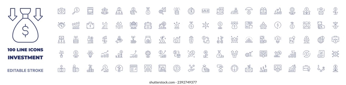 100 icons Investment collection. Thin line icon. Editable stroke. Investment icons for web and mobile app. Immagine vettoriale stock