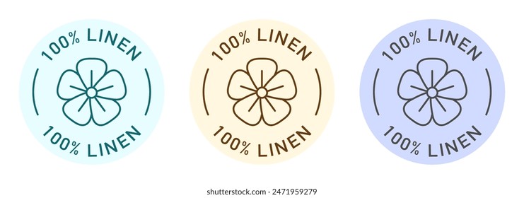 100 percent linen label vector design for packaging. Linen flower icon. Organic fabric color sticker. Arkistovektorikuva