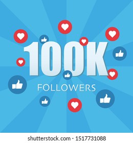 100K Followers. Achievement in 100K followers.100 000 followers background. Congratulating networking thanks, net friends abstract image, customers 100 000k sign. Isolated like and thumbs. Web bannerのベクター画像素材