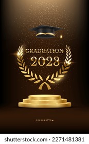 2023年卒業式縦バナー。暗い背景に輝く輝きの下に学術的な帽子、黄金の表彰台、月桂樹の花輪と賞のコンセプト。のベクター画像素材