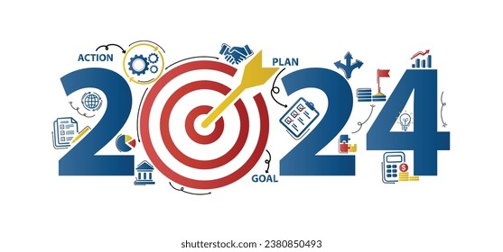2024 new year goal plan action with target icons, Business plan, financial plan and strategies. Annual plan and development for achieving goal, achievement and success in 2024. Vector illustrator set. Stock-vektor