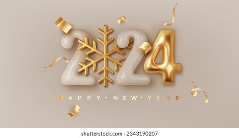 2024 Realistic glossy number with golden snowflake. Happy New Year and Merry Christmas 2024. Greeting card. Vector 3d rendering. Stock-vektor