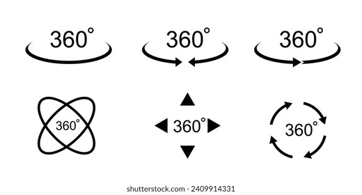 360 degree views. Signs with arrows to indicate the rotation or panoramas to 360 degrees. Vector illustration. Stock-vektor