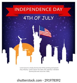 4th of July United States of America Ribbon banner - Statue of Liberty - New York city silhouette - USA Independence day poster - Abstract Gray background: stockvector