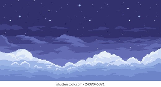 8ビットのピクセルアート夜空の背景、ゲーム空間の風景は、星が散らばっている濃い青のキャンバスを備えており、ノスタルジックでレトロな雰囲気を作り出しています。ベクター画像視差2D天国のguiの位置、壁紙のベクター画像素材
