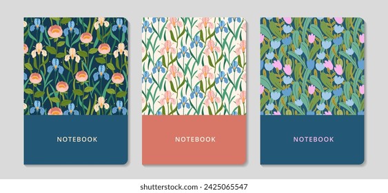 Cover design with floral pattern set. Universal abstract and floral templates. Spring backgrounds. Irises Trendy botanical arts. It can be used for invitation, card, notebook. Vector flat illustration Adlı Stok Vektör