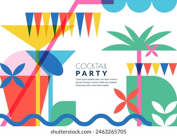 カクテルパーティーの抽象的なカラーブロックの幾何学的な背景。夏の熱帯ベクター画像フラットマルチカラーイラスト。バナー、ポスター、チラシ、バーアルコールリストメニューデザイン要素のベクター画像素材