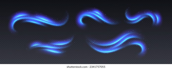 Cold air flow effect, fresh breeze, winter freezing wind, blue light trails with sparkles. Aurora borealis or northern lights overlay. Glowing motion effect, blue speed lines. Vector decoration. เวกเตอร์สต็อก