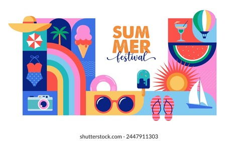 다채로운 기하학적 여름 및 여행 배경, 포스터, 배너. 여름 시간 재미 개념 디자인 프로모션 디자인. 벡터 일러스트 스톡 벡터