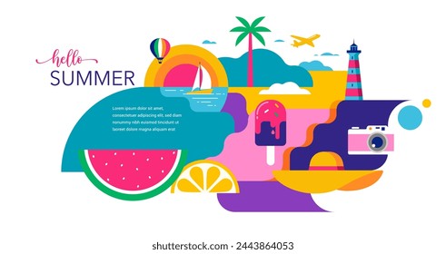 다채로운 기하학적 여름 및 여행 배경, 포스터, 배너. 여름 시간 재미 개념 디자인 프로모션 디자인. 벡터 일러스트 레이 션 스톡 벡터