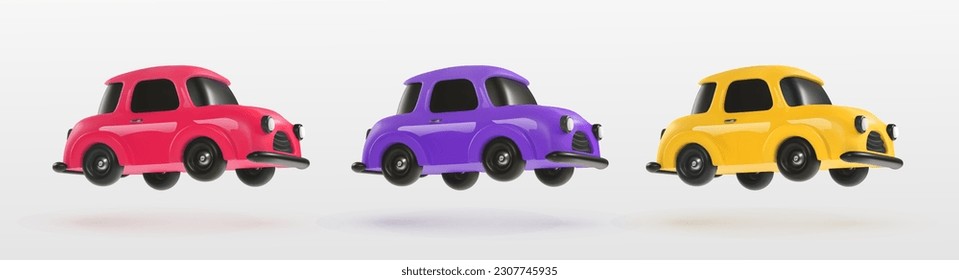 Colorful toy vehicle cars on light background. Collection of red, purple, yellow color mini model cars. 3d vector design elements  Stock Vector