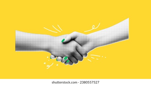 A collage banner with a handshake theme. Women's hands make a deal. Handling halftone effect with doodles on yellow background with hand drawn texture. Vector trendy illustration : stockvector