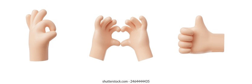 A collection of 3D vector icon illustrations of hand gestures: an OK sign, a heart shape, and a thumbs up, signifying approval, love, and positivity. Stock vektor