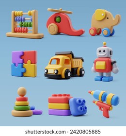 Collection 3d icons of kid toy, Child and education concept. Eps 10 vector. Immagine vettoriale stock