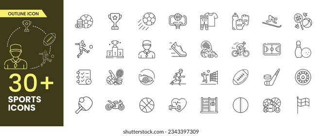 Collection of vector line icons of the sport. Icons of active lifestyle, hobbies, sports equipment, and clothing. Set of flat signs and symbols. Imagem Vetorial Stock