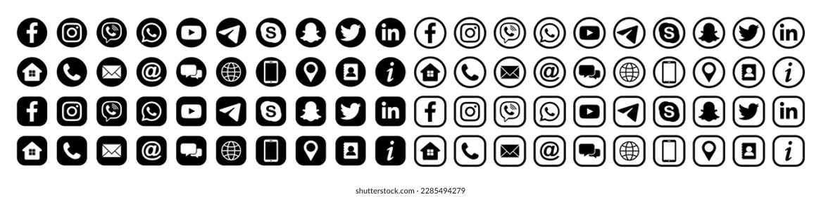 Collection of Connect Icons.Contact us icon set.Contact and Communication Icons.Set of Communication icon.Set of Social media icon:Facebook,Instagram, Twitter, Youtube,Whatsapp, Telegram.Vector Arkistovektorikuva